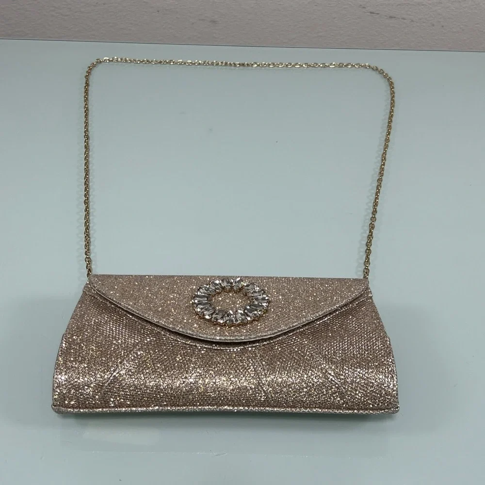 Kate Landry‎ Evening Gold Glitter With Rhinestone Brooch Style Clutch/Crossbody